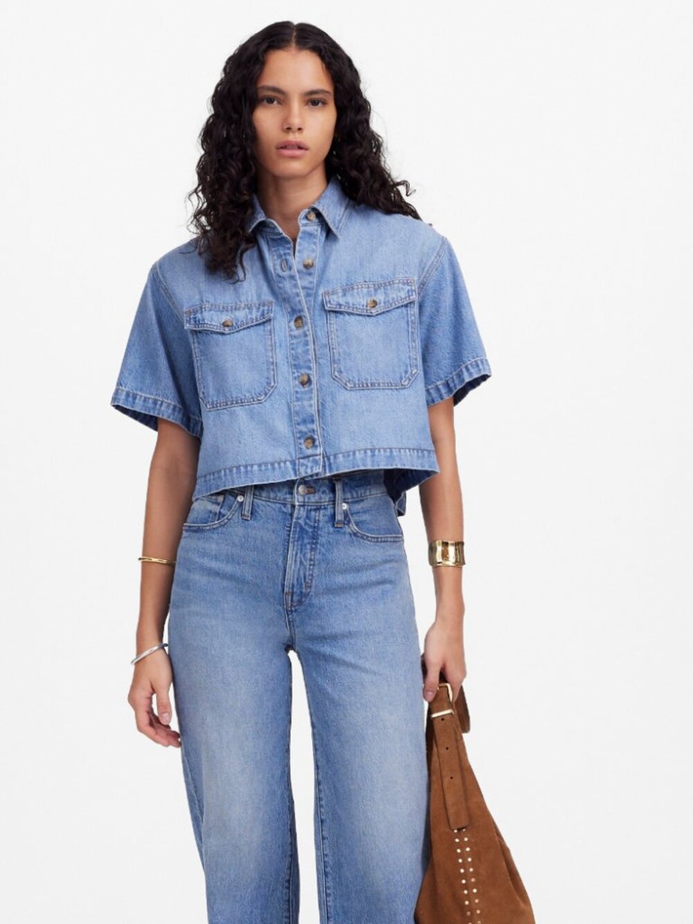 Madewell Cropped Short Sleeve Denim Shirt, Size XS